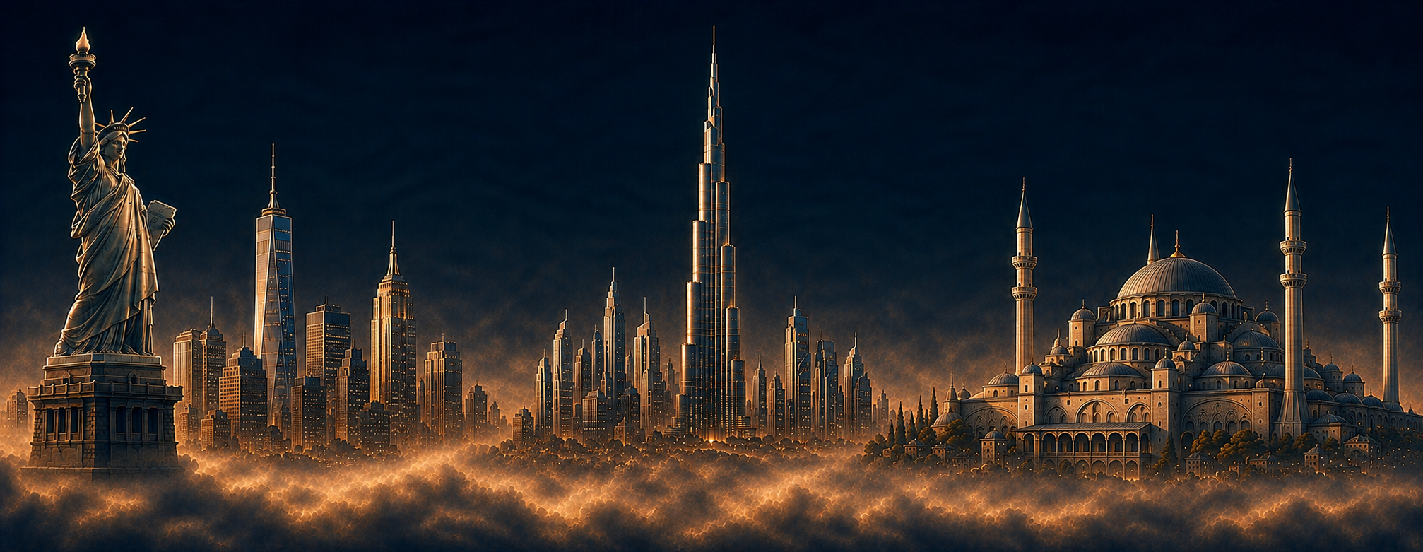 A navy-and-gold panoramic view of the Statue of Liberty, Burj Khalifa, and Süleymaniye Mosque